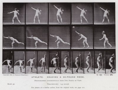 Hareket Halindeki İnsan Figürü: 20 kiloluk bir kayayı kaldıran atlet (s/b fotoğraf) by Eadweard Muybridge