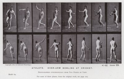 Hareket Halindeki İnsan Figürü: Atlet, krikette kol üstü bovling (s/b fotoğraf) by Eadweard Muybridge