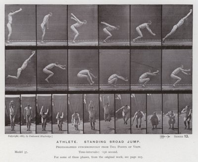Hareket Halindeki İnsan Figürü: Atlet, ayakta uzun atlama (s/b fotoğraf) by Eadweard Muybridge