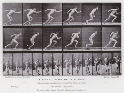 Hareket Halindeki İnsan Figürü: Bir yarışa başlayan atlet (s/b fotoğraf) by Eadweard Muybridge
