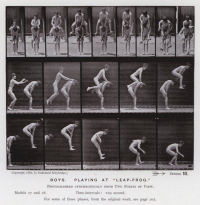 Hareket Halindeki İnsan Figürü: "Leap-Frog"da oynayan çocuklar (s/b fotoğraf) by Eadweard Muybridge