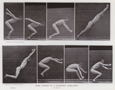 Hareket Halindeki İnsan Figürü: Durarak uzun atlamanın bazı aşamaları (s/b fotoğraf) by Eadweard Muybridge