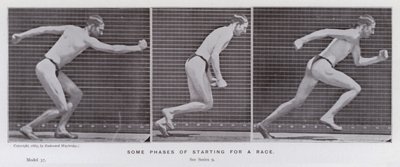 Hareket Halindeki İnsan Figürü: Bir yarışa başlamanın bazı aşamaları (s/b fotoğraf) by Eadweard Muybridge