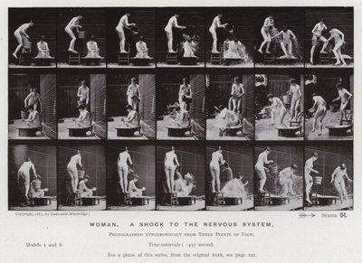 Hareket Halindeki İnsan Figürü: Kadın, sinir sistemine bir şok (s/b fotoğraf) by Eadweard Muybridge