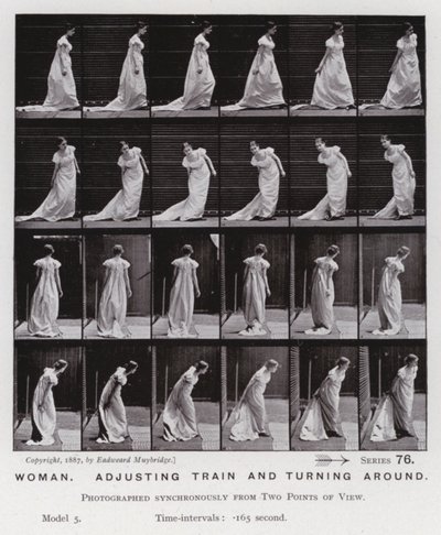 Hareket Halindeki İnsan Figürü: Kadın, treni ayarlıyor ve dönüyor (s/b fotoğraf) by Eadweard Muybridge