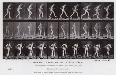 Hareket Halindeki İnsan Figürü: Kadın, "basamak taşları" üzerinde geçiş (s/b fotoğraf) by Eadweard Muybridge