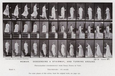 Hareket Halindeki İnsan Figürü: Merdivenden inen ve arkasını dönen kadın (s/b fotoğraf) by Eadweard Muybridge
