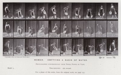 Hareket Halindeki İnsan Figürü: Bir leğeni boşaltan kadın (s/b fotoğraf) by Eadweard Muybridge
