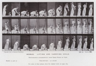 Hareket Halindeki İnsan Figürü: Kadın, çocuğu kaldıran ve taşıyan (s/b fotoğraf) by Eadweard Muybridge