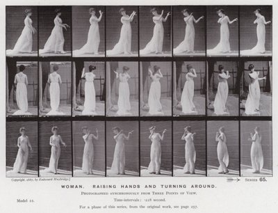 Hareket Halindeki İnsan Figürü: Ellerini kaldıran ve arkasını dönen kadın (s/b fotoğraf) by Eadweard Muybridge