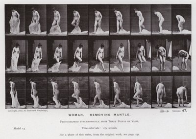Hareket Halindeki İnsan Figürü: Kadın, mantoyu çıkaran (s/b fotoğraf) by Eadweard Muybridge