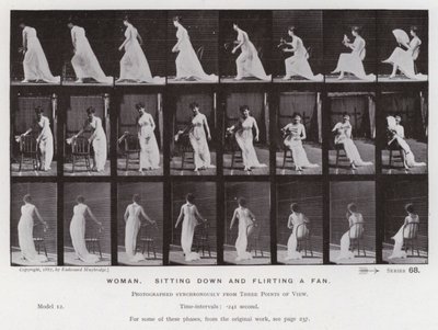 Hareket Halindeki İnsan Figürü: Oturan ve bir hayranıyla flört eden kadın (s/b fotoğraf) by Eadweard Muybridge