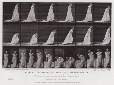 Hareket Halindeki İnsan Figürü: Mendil almak için eğilen kadın (s/b fotoğraf) by Eadweard Muybridge