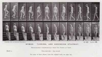 Hareket Halindeki İnsan Figürü: Kadın, dönen ve yükselen merdiven (s/b fotoğraf) by Eadweard Muybridge