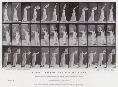 Hareket Halindeki İnsan Figürü: Yürüyen ve bir hayranla flört eden kadın (s/b fotoğraf) by Eadweard Muybridge