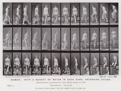 Hareket Halindeki İnsan Figürü: Her iki elinde bir kova su olan kadın, merdivenleri tırmanıyor. by Eadweard Muybridge