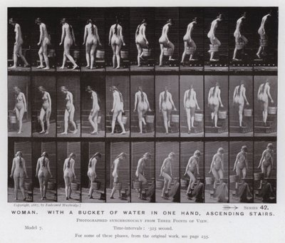 Hareket Halindeki İnsan Figürü: Bir elinde su kovası ile merdivenleri çıkan kadın (s/b fotoğraf) by Eadweard Muybridge