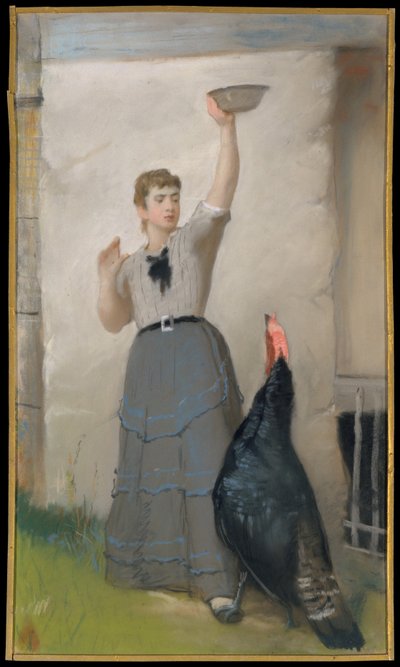 Hindiyi beslemek, c.1872-80 (dokuma kağıt üzerine pastel, tuvale monte edilmiş) by Eastman Johnson