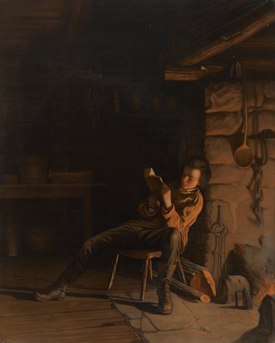 The Boyhood of Lincoln. (An Evening in the Log Hut.), 1868 (chromolithograph on paper on board) by Eastman Johnson