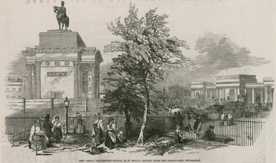 Büyük Wellington heykeli ve Arch, Piccadilly'deki Green Park'tan göründüğü şekliyle by Ebenezer Landells