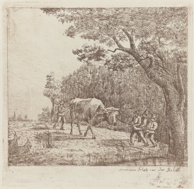 Dört adam ve bir boğa Bir Vahşi Boğa (nesne üzerindeki başlık) by Eberhard Cornelis Rahms