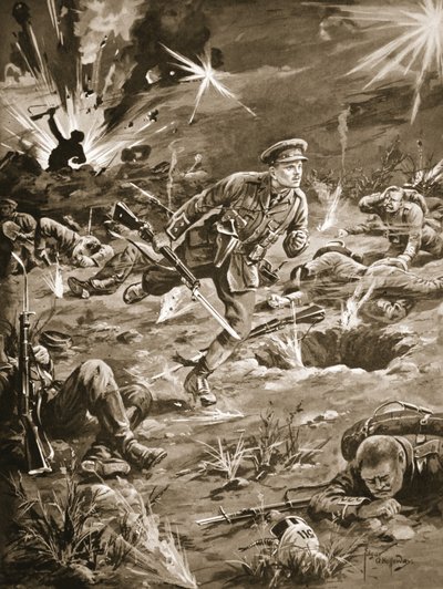 Teğmen Geary, bir subayla temasa geçmek için yoğun top ateşi altında, Tepe 60'ın sağındaki bir sipere acele ediyor. by Edgar Alfred Holloway