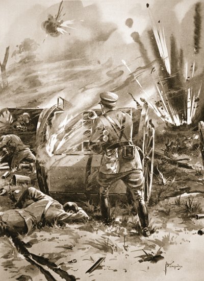 Binbaşı Warren, büyük bir kişisel risk altında yanan bir mühimmat vagonundan kartuşları çıkarıyor by Edgar Alfred Holloway