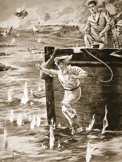 Asteğmen Malleson, sürüklenen başka bir mavnayı bağlamak için bir mavnadan bir halatla atlıyor by Edgar Alfred Holloway