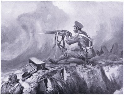 Gaz zehirlenmesinden ölen Er Lynn, bir makineli tüfek kullanıyor ve bir Alman saldırısını savuşturuyor. Ypres Nisan 1915 by Edgar Alfred Holloway