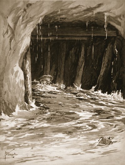İkinci Onbaşı Collier, işini tamamladıktan sonra neredeyse suyla dolu bir maden galerisinden dışarı çıkmaya çalışırken by Edgar Alfred Holloway