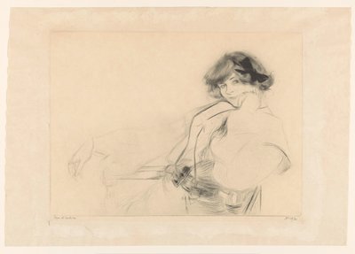 Bir sandalyede oturan saçında fiyonklu genç kadın by Edgar Chahine (signed by artist)