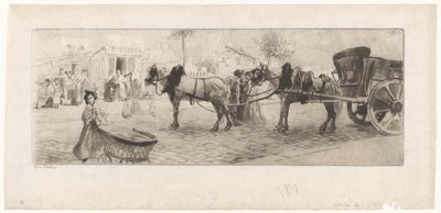 Bir arabanın önüne dizilmiş atların ve çocuk arabası olan bir kadının olduğu bir bulvar manzarası. by Edgar Chahine