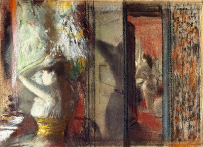Aktrisler Soyunma Odası, c.1885 (kağıt üzerine gravür üzerine pastel) by Edgar Degas