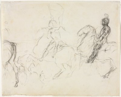At Sırtında Zırhlı Figürlü Savaş Sahnesi İki Oturan Kadın Verso, 1856-1860. by Edgar Degas