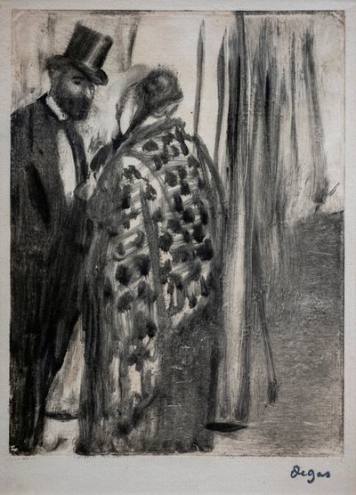Sohbet (Ludovic Halevy ve Madam Cardinal). 1876-1877 civarında. Monotype, sanatçının ikincil bir destek kartonu üzerinde siyah mürekkep yuvalarına sahiptir. by Edgar Degas