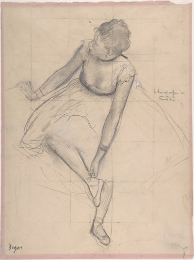 Terliğini Ayarlayan Dansçı, 1873 (pembe dokuma kağıt üzerine siyah beyaz tebeşirle yükseltilmiş grafit) by Edgar Degas