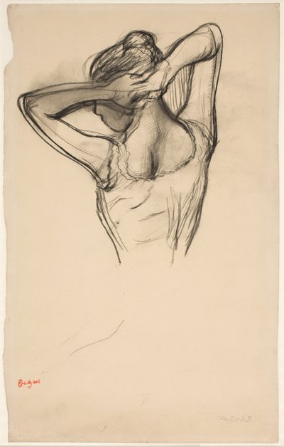 Saçını koyarak dansçı; profilde yarım figür solda, yarım arkadan by Edgar Degas