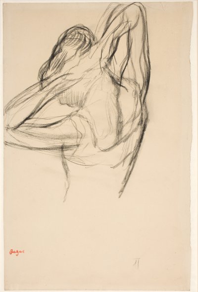 Saçını koyarak dansçı; yarım figür profilde solda, yarım figür arkadan by Edgar Degas