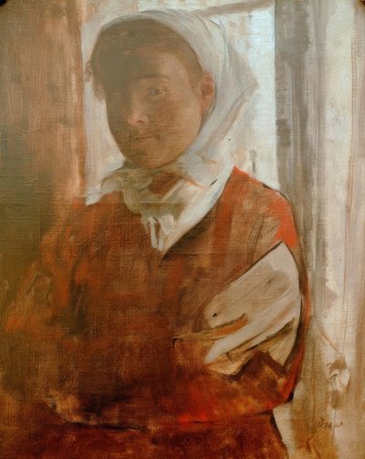 Beyaz bir başörtüsü olan genç kadın by Edgar Degas