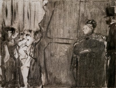 Perde arkasında Ludivic Halevy ve Madam Cardinal ile tanışın. 1876-1877 civarında. Monotype siyah mürekkebe sahiptir. by Edgar Degas
