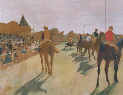 Tribünlerin Önünde Geçit Töreni veya Yarış Atları, c.1866-68 (kağıt üzerinde yağlı boya) by Edgar Degas