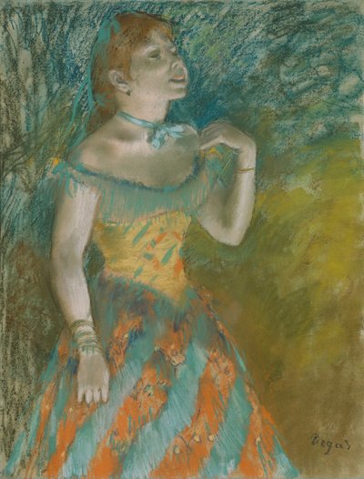 Yeşilli Şarkıcı, 1884 dolayları (açık mavi kağıt üzerine pastel) by Edgar Degas