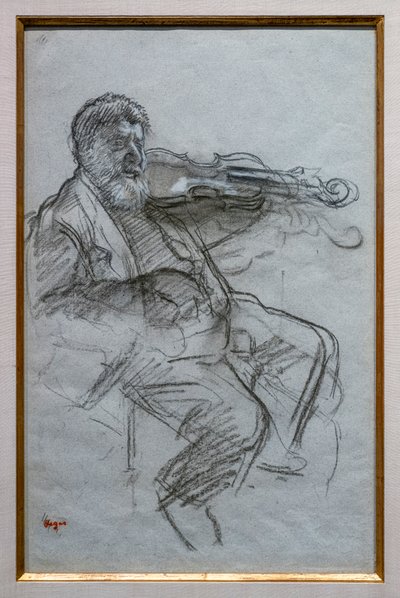 Kemancı. 1879. Mavi-gri kağıt üzerinde kömür ve beyaz tebeşir vurguları. Boston, Güzel Sanatlar Müzesi, William Francis Warden Fonu. by Edgar Degas