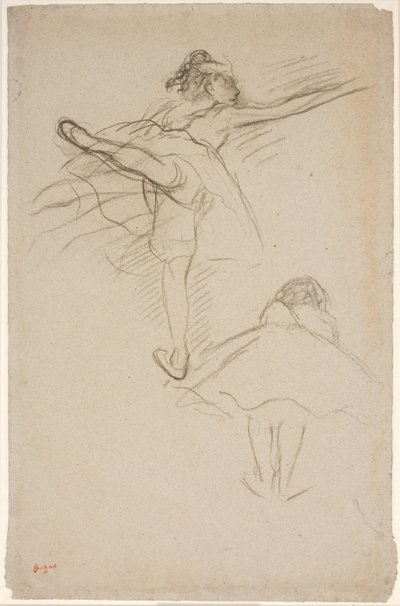 Dansçılar üzerine iki çalışma. Sol bacak üzerinde duran en iyi dansçı; arkadan görülen alt öne eğilmiş dansçı by Edgar Degas