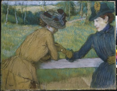 Bir Çit Rayına Yaslanmış İki Kadın by Edgar Degas