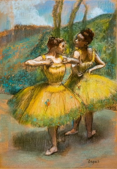 Sarı iki dansçı. 1896 civarında. İki kağıt şeridi üzerinde pastel ve kömür. by Edgar Degas