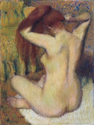 Saçını Taranan Kadın, c.1888-90 (bağlantıya iliştirilmiş açık yeşil dokuma kağıt üzerine pastel) by Edgar Degas