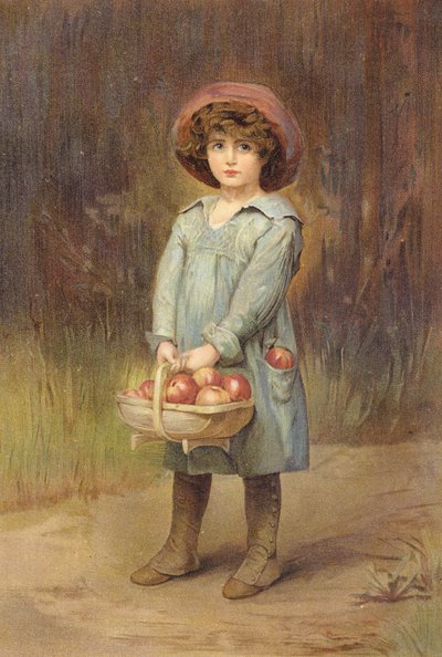 Kendisi için bir tane - Elma sepetli çocuk (renkli taş baskı) by Edith Scannell