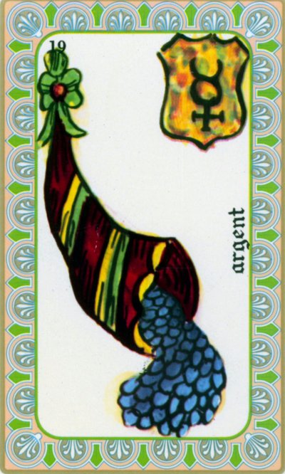 Edmond Billaudot tarafından çizilen büyücü Belline tarafından tarot c. 1845 ve kahin Belline'e yeniden yayınlanması için verildi: para kartı: bolluk boynuzundaki madeni paralar by Edmond Billaudot