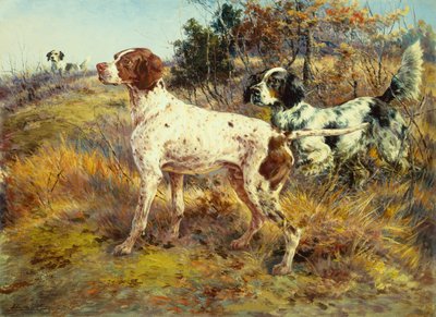 Manzarada Bir Kısa Tüylü Alman Pointer ve İki Setter (tuval üzerine yağlıboya) by Edmund Henry Osthaus